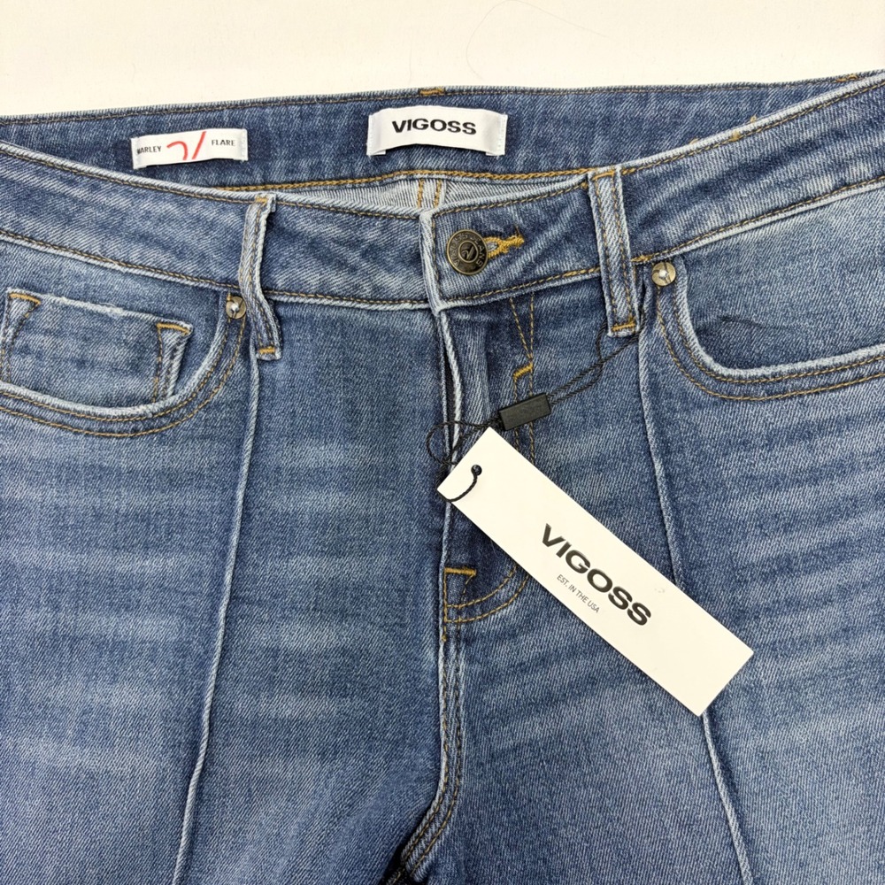 NWT Vigoss Marley Flare Jeans Womens 29 Mid Rise Raw Hem Blue Denim Boho Pintuck - Picture 4 of 12